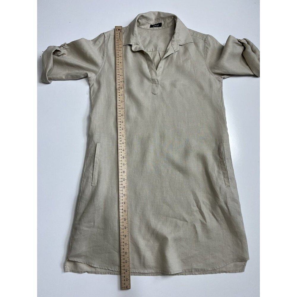 Pure Amici Linen Roll Tab Sleeve Tan Khaki Shirt Dress Small - Picture 12 of 12